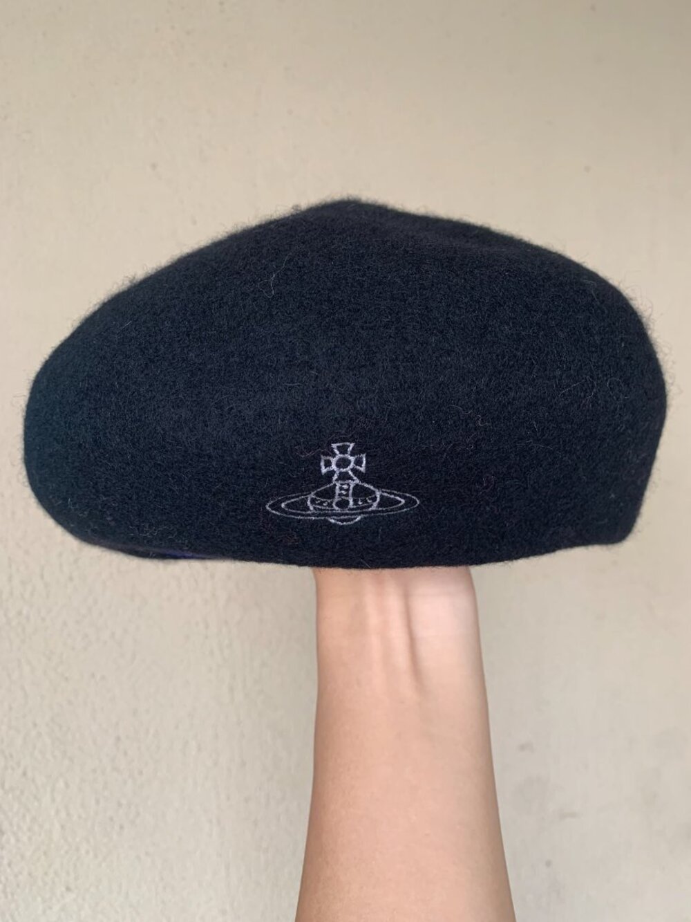 Vivienne Westwood Orb Embroidered Wool Beret Black Hat